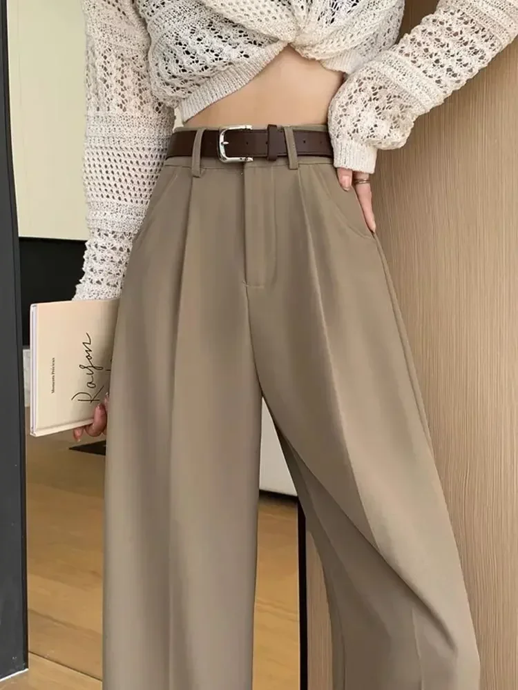 Pantaloni da abito neri Moda donna Primavera allentata Nuovi pantaloni dritti Cintura regalo solida casual Pantaloni a gamba larga a vita alta da donna