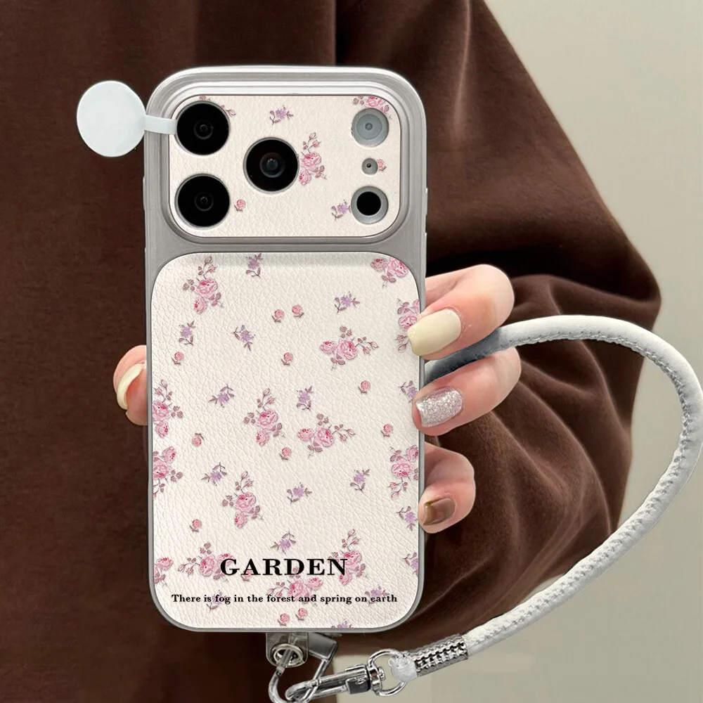 Blumen-Leder-Handyhülle für iPhone 17 Pro Max 12 11 13 14 15 16 Pro Max Matt Weiche Stoßfeste Silikonhülle mit Trageband
