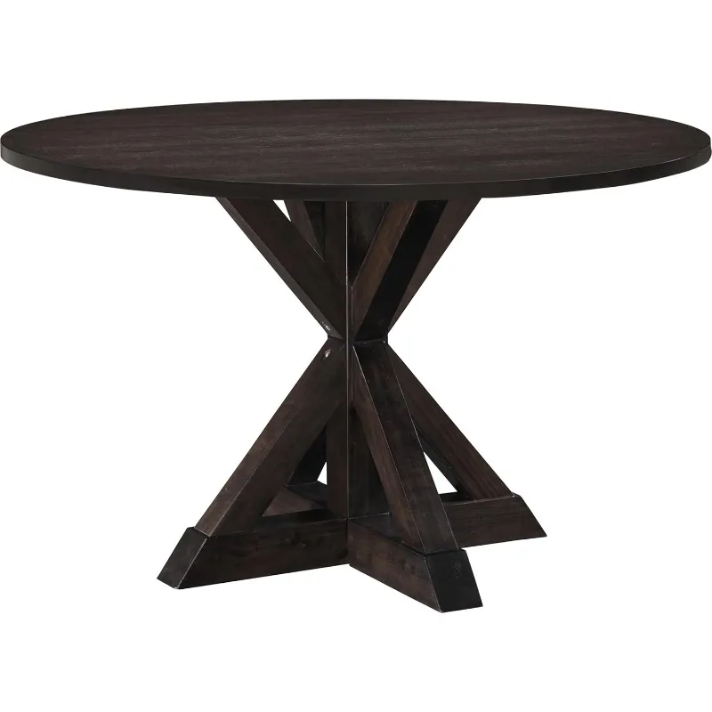 Finch Alfred Round Solid Wood Rustic Dining Table for Farmhouse Kitchen Room Decor, Wooden Trestle Pedestal Base