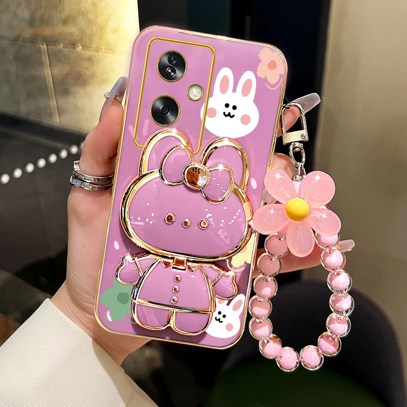 A 79 Flower Strap Rabbit Makeup Mirror Phone Holder Case On For Oppo A79 A2 5G OppoA79 Girl Woman Stand Cover