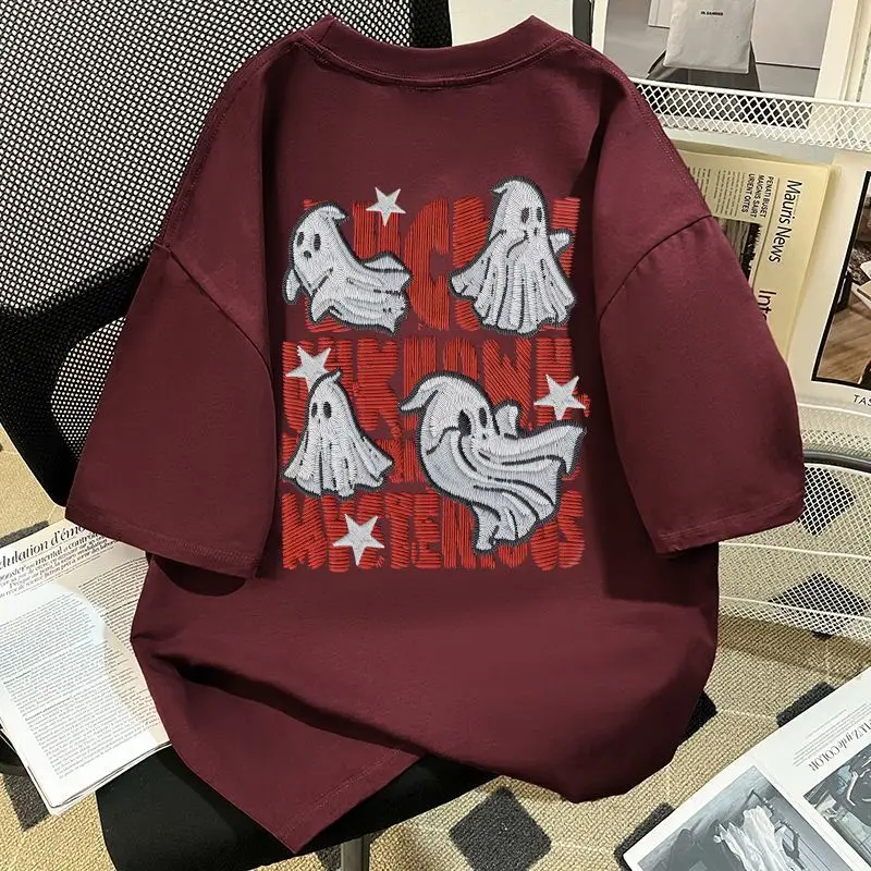 Camiseta pesada con estampado de fantasma lindo para mujer en verano Top suelto informal versátil de manga corta