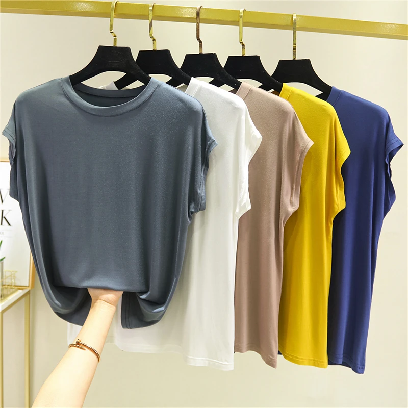 Loose Fit Modal round Ne Svel Top Women's Summer Thin Large Size Base irt Pure Color Inner Wear Outer Wear Top