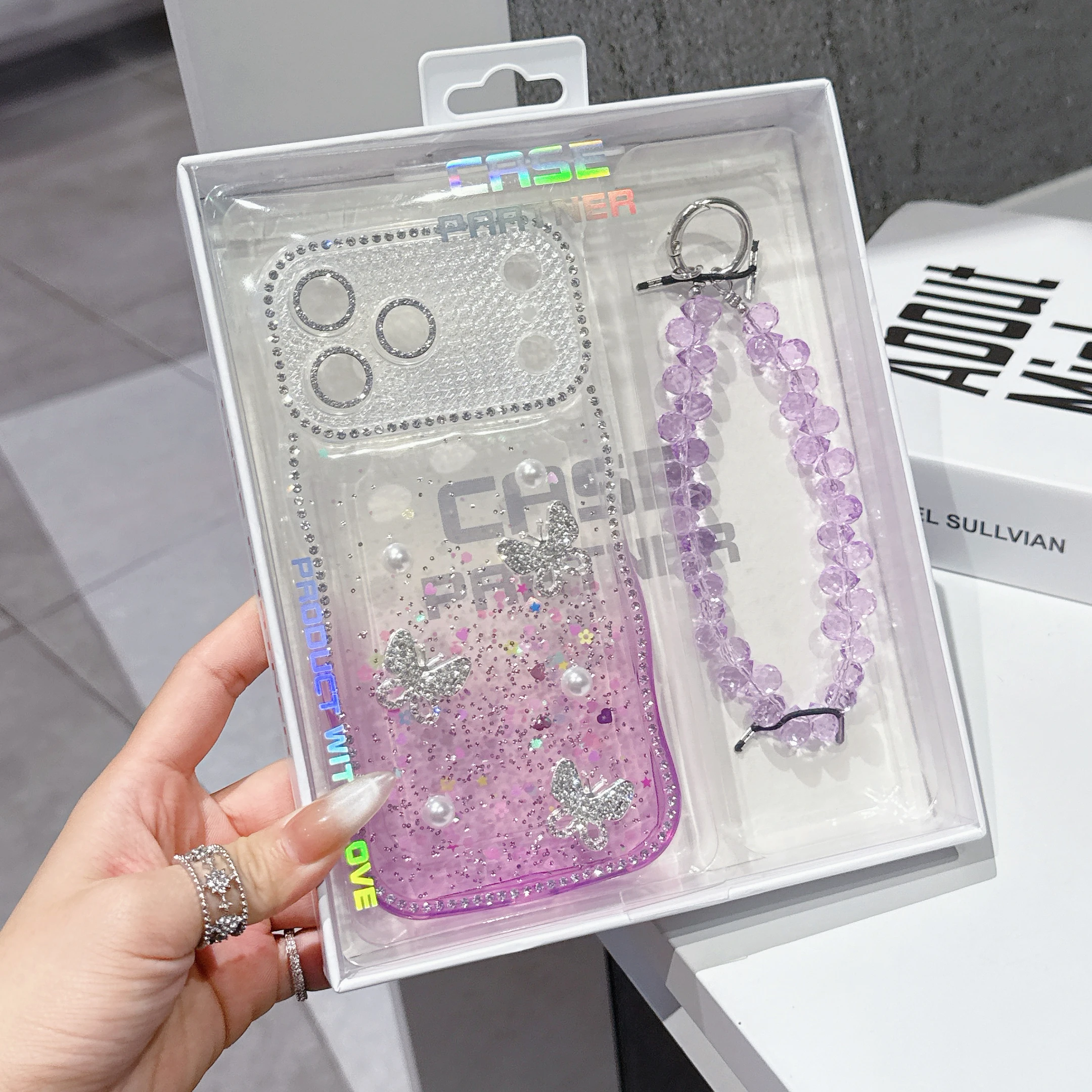 

Luxury Bling Butterfly Heart Mirror Phone Case For Iphone 17 16 Pro Max 15 14 Glitter Diamond Clear Wrist Strap Lanyard Gift Bo