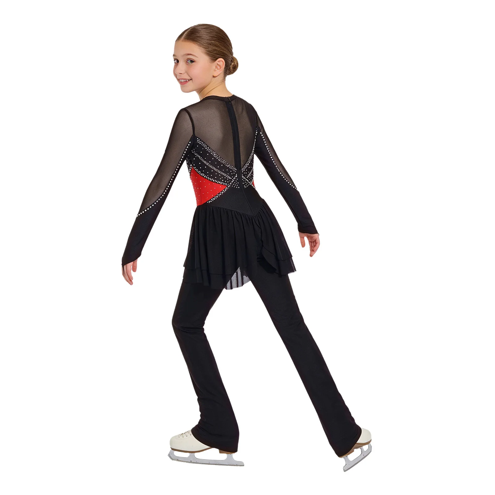 

Kids Girls Figure Skating Rhythmic Gymnastics Jumpsuit Shiny Rhinestone Ballet Dance Leotards Long Sleeves Mesh Skirted Unitards