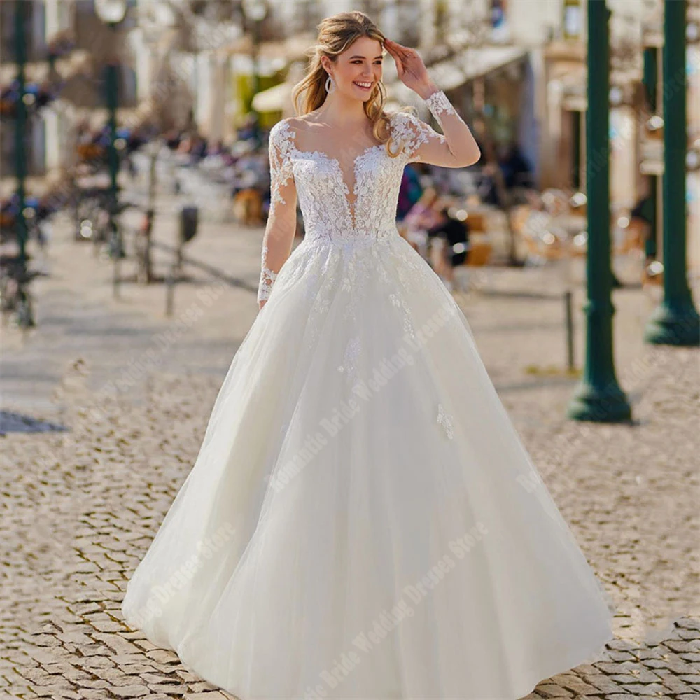 Eleganti abiti da sposa da donna con stampa in pizzo abiti da sposa Sexy con scollo a v superficie in Tulle liscio banchetto di fidanzamento Vestidos De Novias