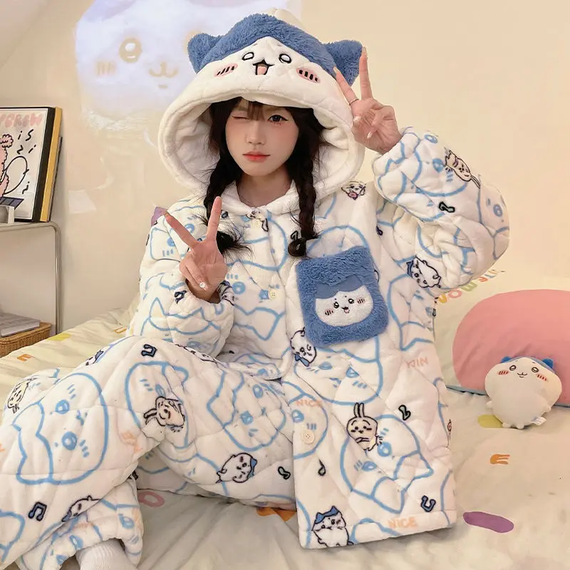 Kawaii Chiikawa Coral Velvet Three-Layer Quilted Women's Pajamas Winter Female Velvet Thickened Cartoon Hachiware Warm Homewear