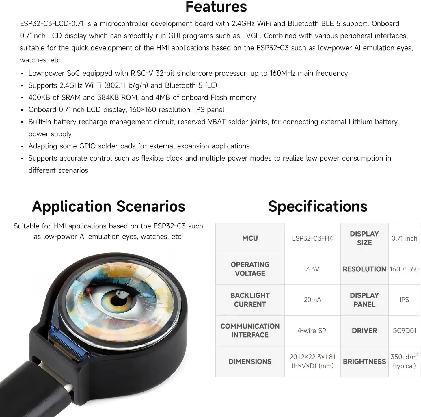 Waveshare ESP32-C3 0,71 Zoll IPS SPI Rundes Display LVGL GUI Entwicklungsboard für Arduino IDE 160x160 ESP32 Display für Uhren