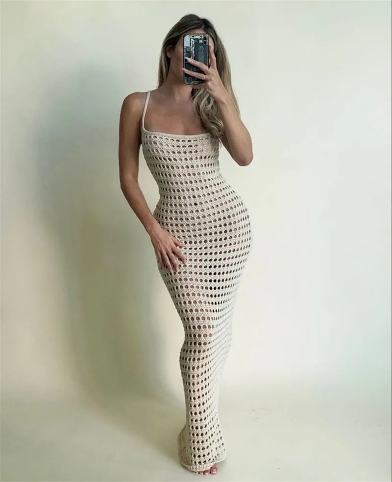 Knitted Crochet Maxi Cover-Ups Dress Sexy Backless Hollow Out Beach Dress for Women 2022 New Summer Holiday Lady Outfits