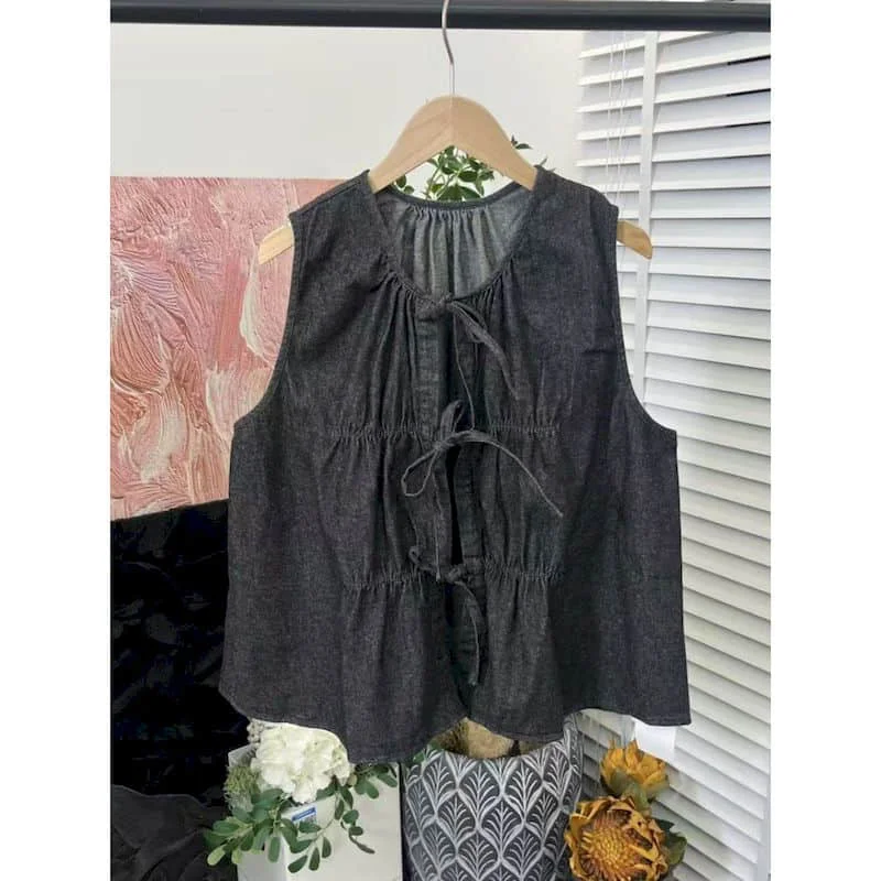 

Джинсовые жилеты с круглым вырезом, однотонные, в корейском стиле, без рукавов, укороченные рубашки, летняя распродажа, топы с кружевным дизайном и завязками, женская одежда