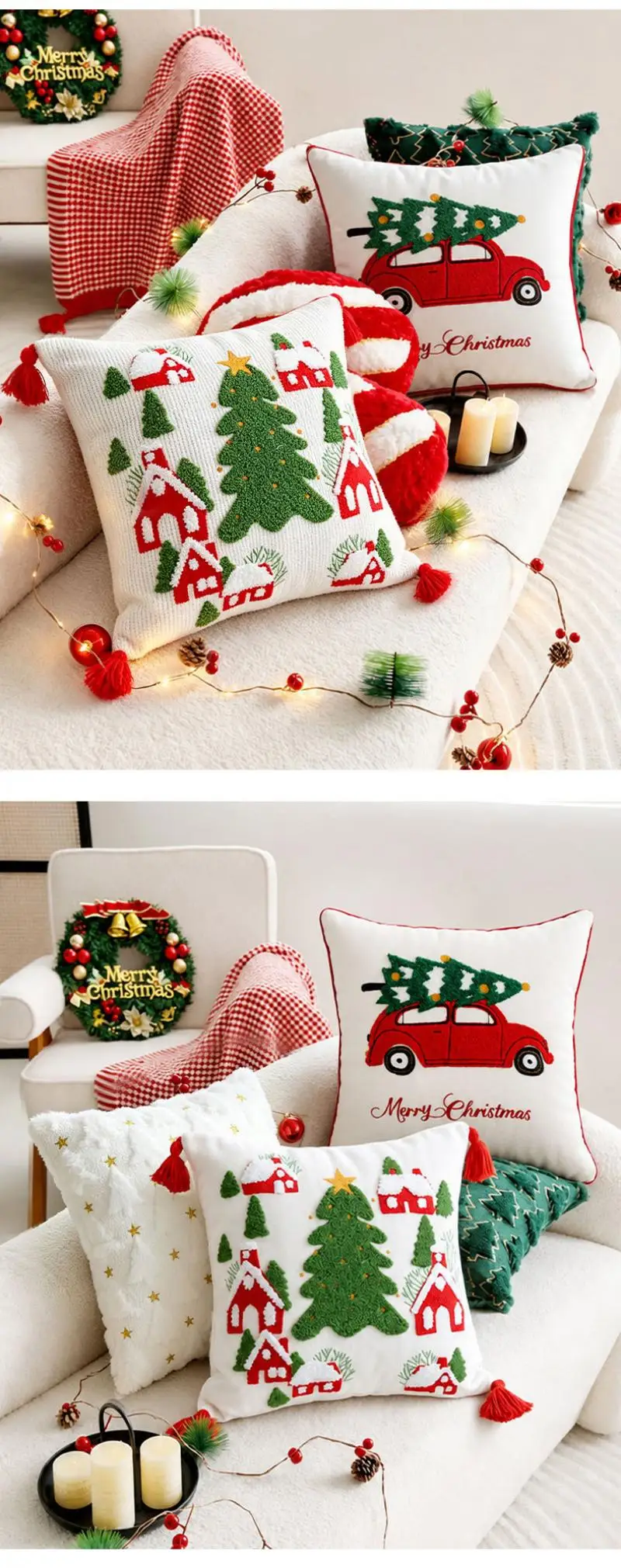 Weihnachtliche Kissenbezüge mit Stickerei, Dekorative Sofakissen, Vintage-Kopfteil-Kissenbezug 30x50/45x45cm – Detail 5