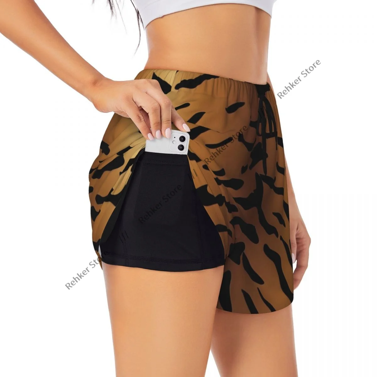 Shorts esportivos femininos de dupla camada com fundo de pele de tigre, secagem rápida, para lazer ao ar livre, corrida, fitness, treino, esporte