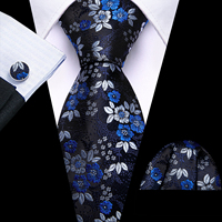 Mens Tie Purple Blue Black Floral Ties Hanky Cufflinks Set Necktie Formal Wedding Dinner Party