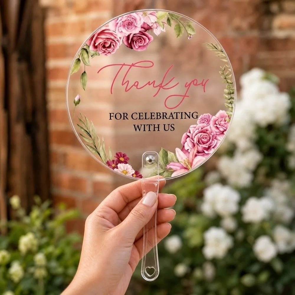 10Pcs Pink Floral Thank You Hand Fan Plastic Single-Sided Print Translucent Round Fan Translucent Photo Prop Fans