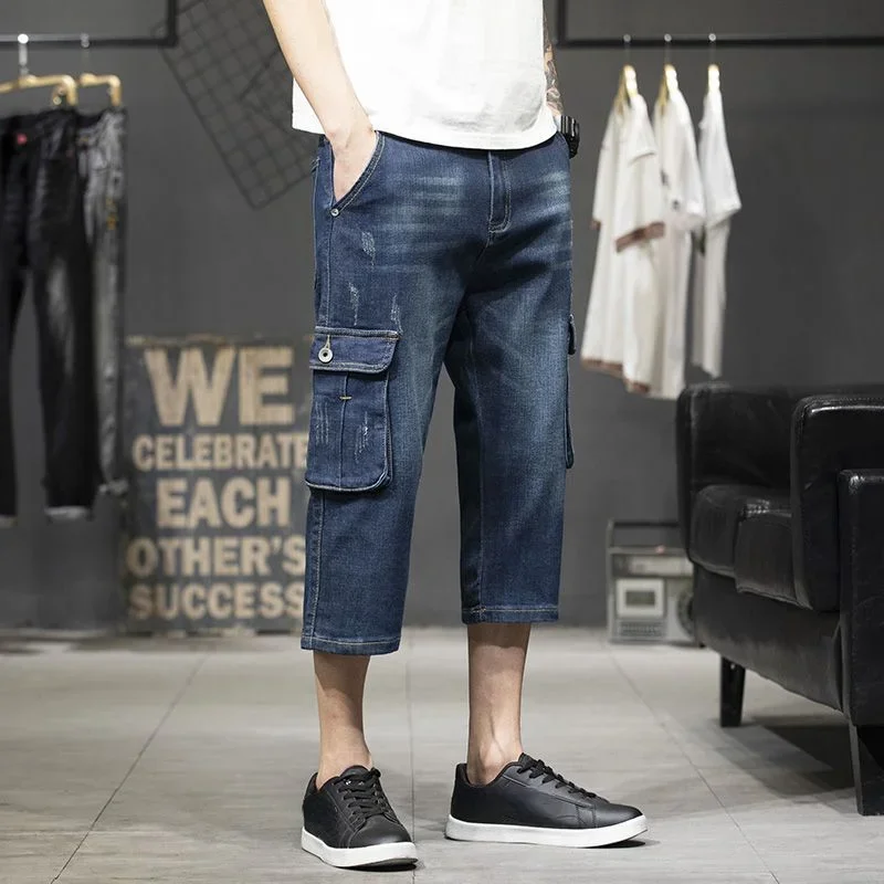 Man Denim Shorts Straight with Pockets Short Jeans Pants for Men Cargo Streetwear Thin Xl Luxury Cut Vintage Blue Harajuku Y2k