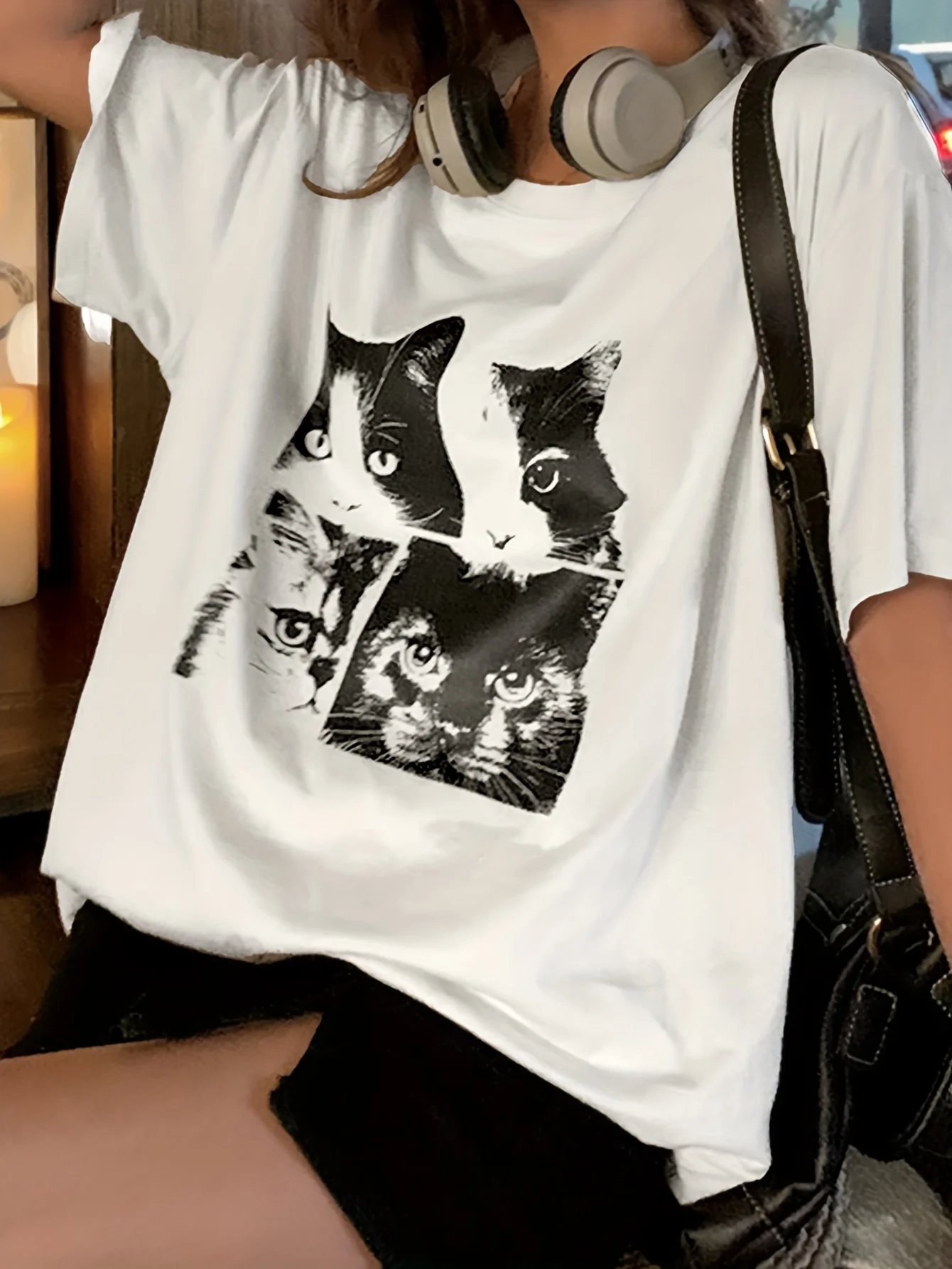 Retro Y2K Cat Print T-Shirt - Fashionable Crew Neck, Short Sleeves for Spring & Summer - Womens Casual Sleeve Tops Tees