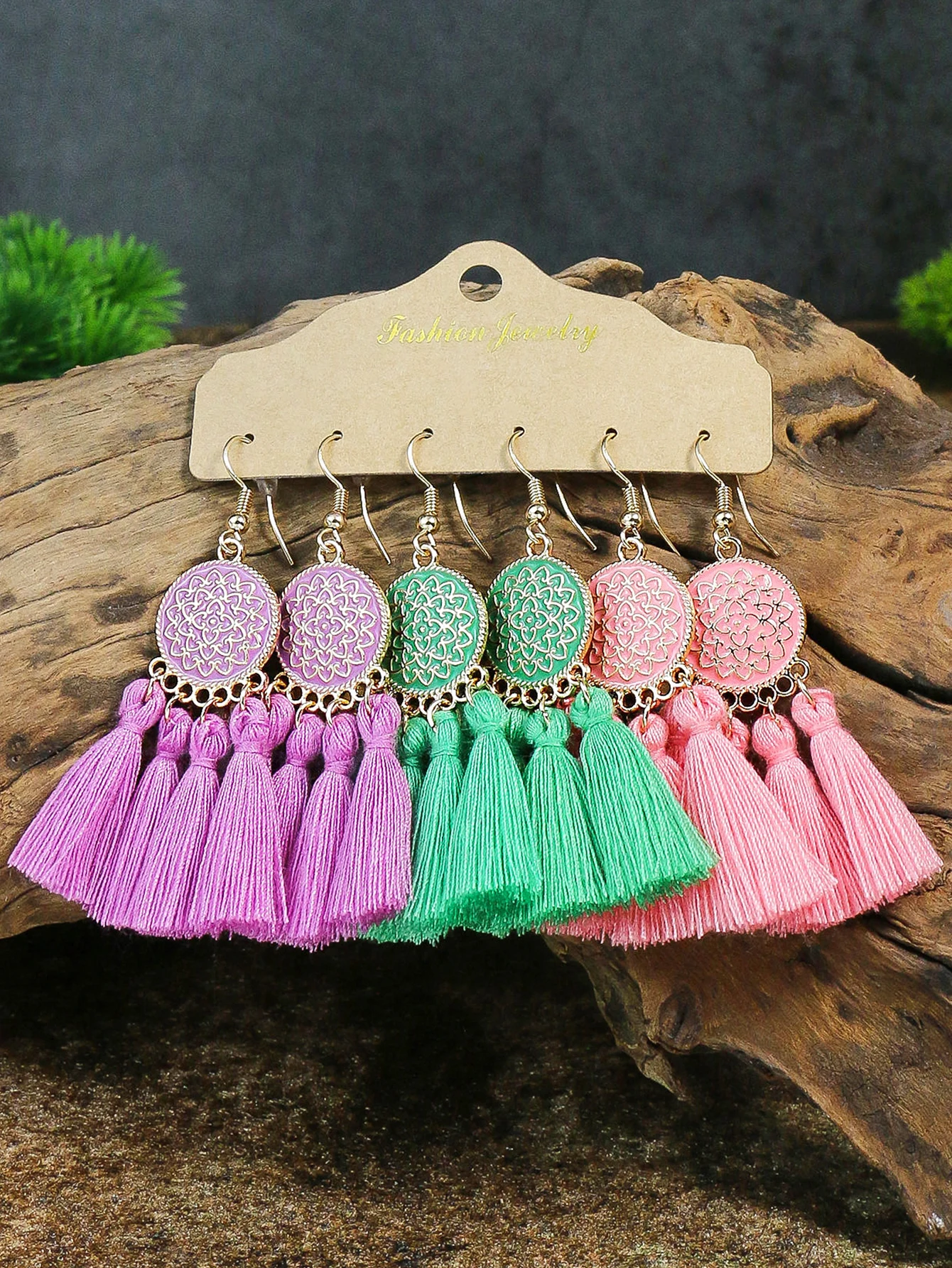 Bohemian Round Colored Glaze Alloy Earring Set Retro Ethnic Style Long Tassel Earrings Women\'s Girls\' Personalized Jewelry