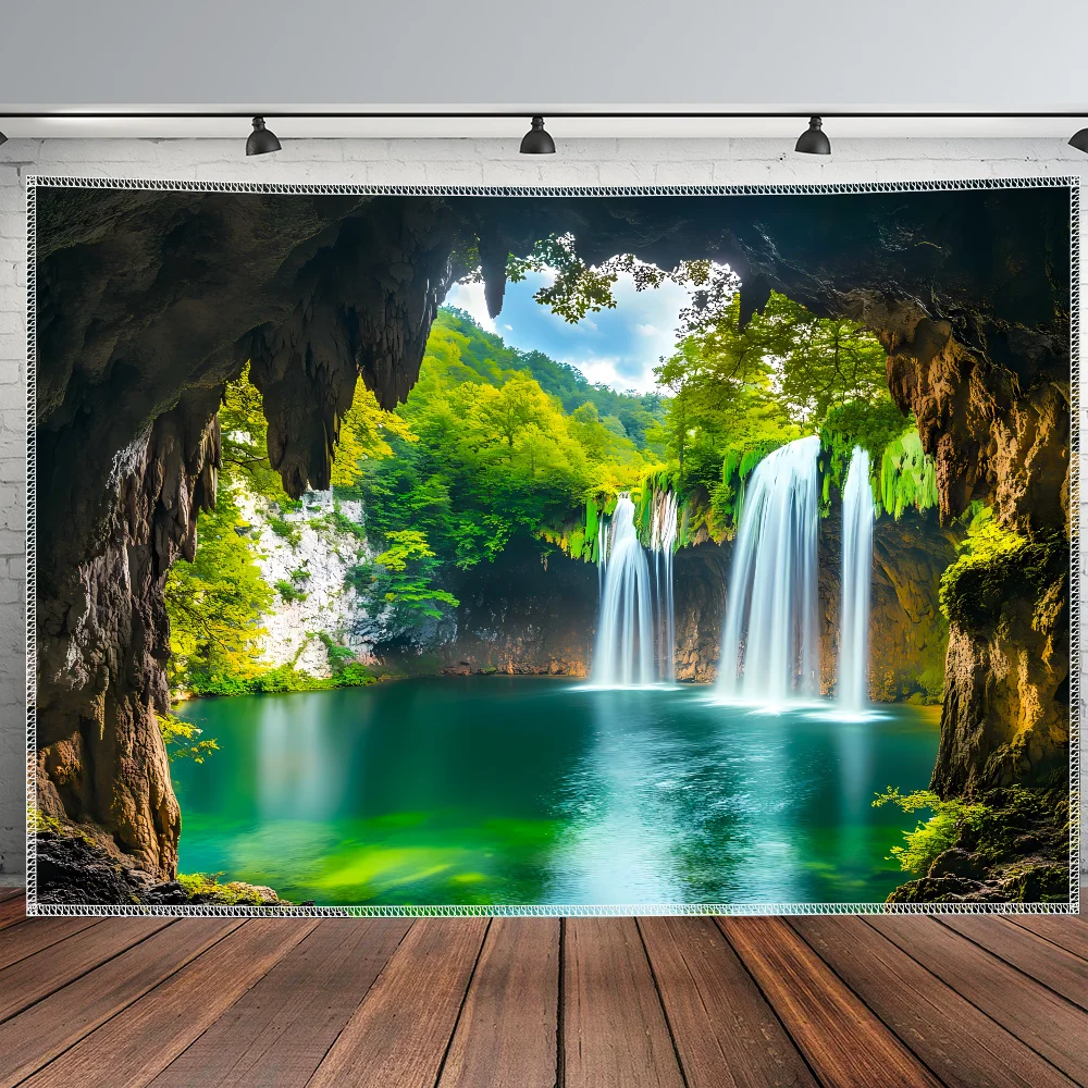 [1pc Polyester Tapestry] Ultra Large 1pc Tranquil Cave Forest Waterfall Landscape Tapestry - Vibrant Digital Print Polyester Wal