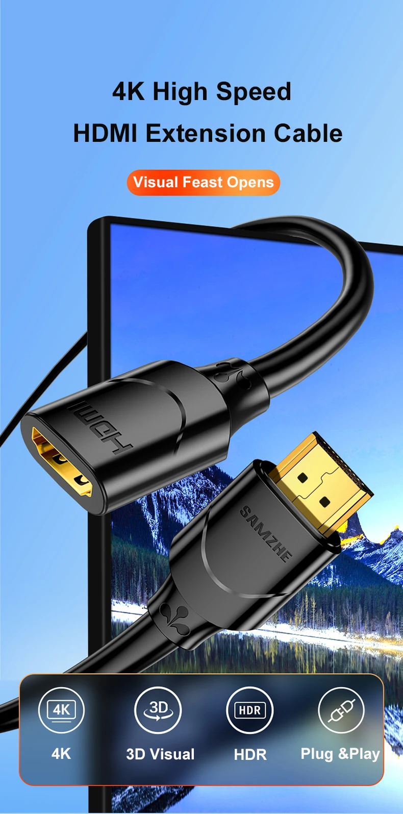 SAMZHE HDMI 2,0 Verlängerung Kabel 4K/60Hz HDMI 2,0 2,1 Männlichen zu Weiblichen Kabel für HDTV Nintend schalter PS4/3 HDMI Extender Adapter 8K – Detail 1