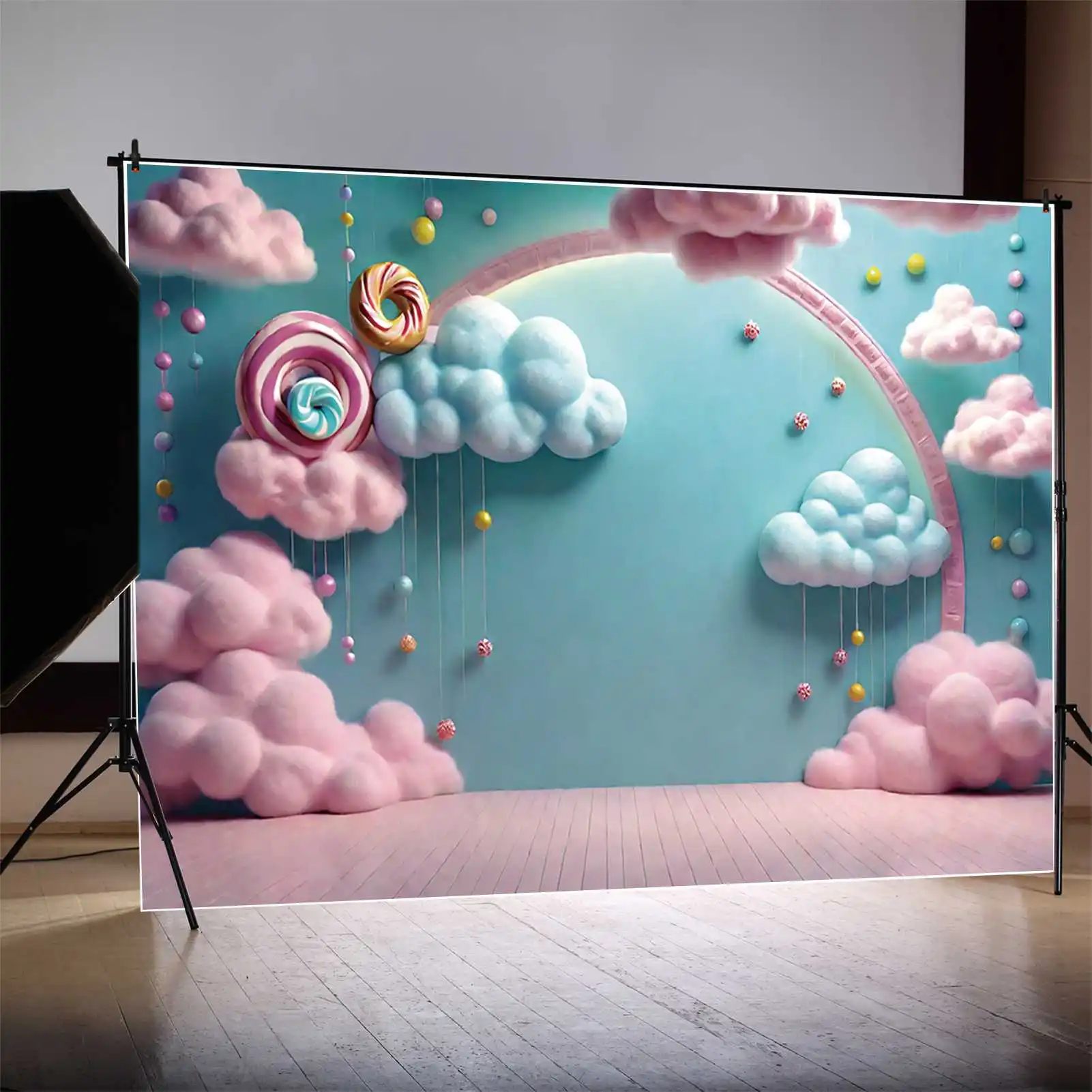 MOON.QG 3D Candyland One Birthday Background Children's Wall Blue Sky Pink Clouds Backdrops Customized Party Photocall Props