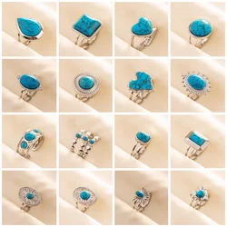 Classic New Stainless Steel Sky Blue Jewellry Ring Double Deck Droplet Heart-Shaped Square Oval No Fading National Wind Rings