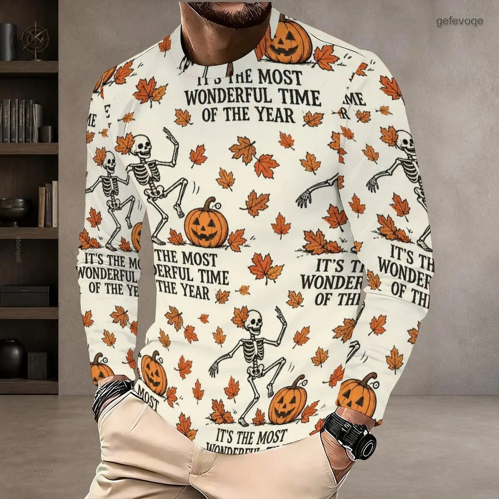 Men Round Neck Long Sleeve Printed T-shirt with Skeleton Pumpkin Maple Leaf Pattern