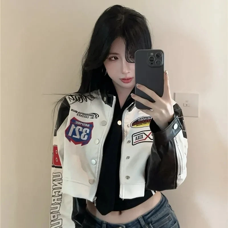 2025 Spring Autumn Coat American Street Hot Girl Motorcycle Couple Leather Jacket PU Leather Embroidered Baseball Uniform Jacket