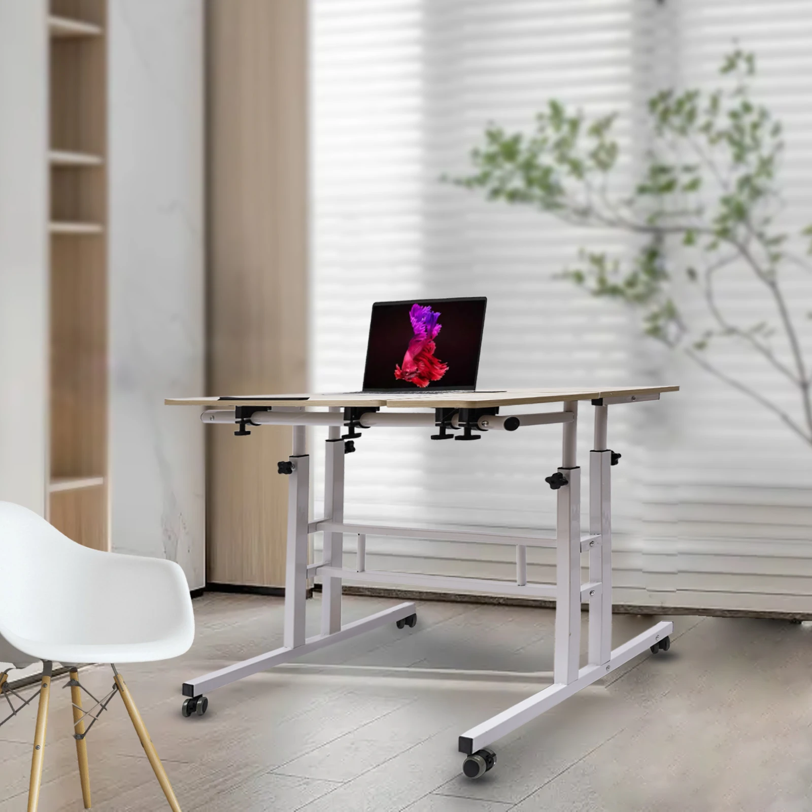 White Mobile Stand Up Desk Adjustable Laptop with Wheels 4 in 1 Rolling Table Home Office Table Standing