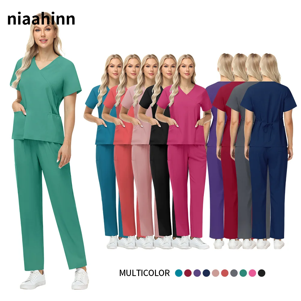 Niaahinn الكلاسيكية الجراحية ممرضة الدعك مجموعة ممرضة الملحقات الزي الطبي النساء عيادة الأسنان القمم السراويل مختبر ملابس العمل