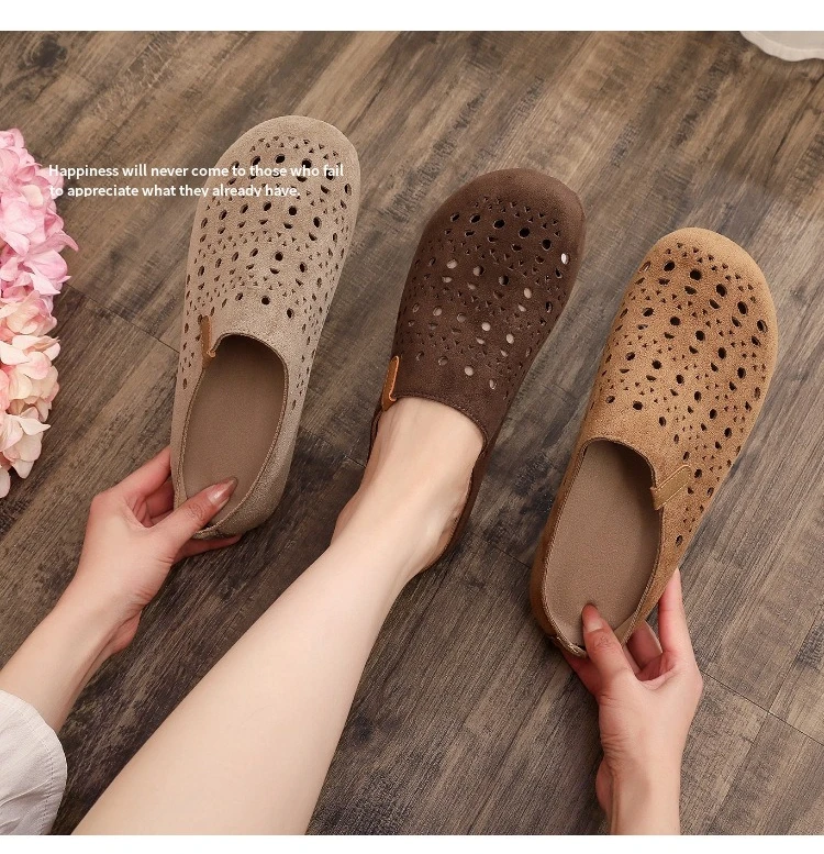 Damen-Mules mit Aussparungen, Clogs, Sommer, atmungsaktiv, geschlossene Zehenpartie, flache, rückenfreie Slipper, Wildleder, Slip-On, lässige Outdoor-Schuhe – Detail 1