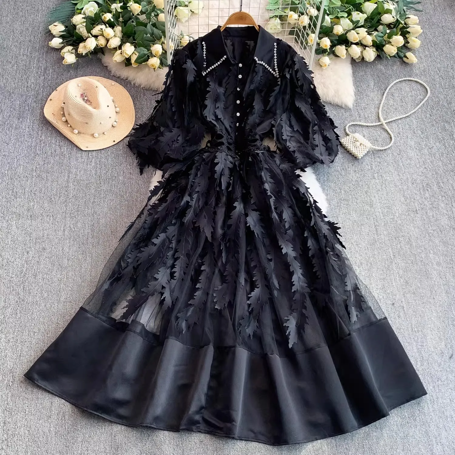 Elegant Leaves Embroidery Mesh Prom Long Dress Fashion Beading Lapel Women's Casual Lantern Sleeve Hollow Out Draped Party Dress