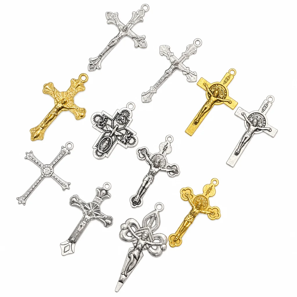 10Pcs Catholic Crucifix Cross Pendants St Benedict Four Evangelists Charms for DIY Rosary Jewelry