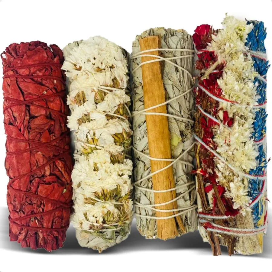

Sage Smudge Kit for Cleansing Negative Energy and Cleansing Home Sinuata Dragon Blood Cinnamon and Triple Flower Dried 4'' Long