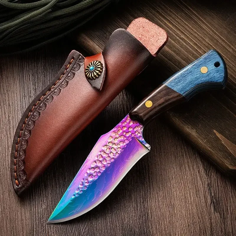 Exquisite steel hammer pattern forged outdoor hand knife with holster,multi-functional sharp fruit knife, camping barbecue knife