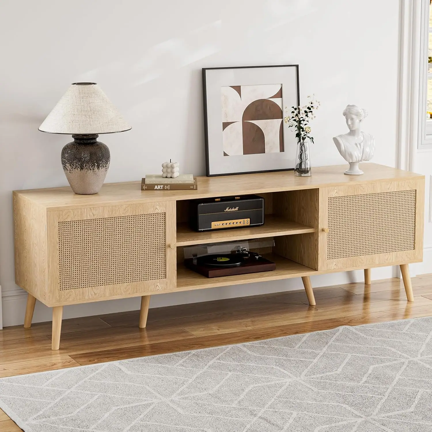 

TV Stand for TVs up to 65'', Entertainment Center With Rattan Door, Shelves & 2 Cabinets,Long Boho Media Console for Living Room