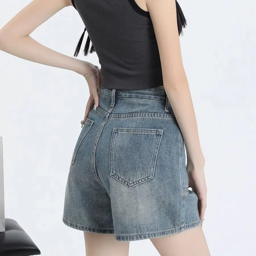 Shorts Women Vintage Blue Hot Sweet Spicy Girls Pockets All-match Streetwear American Style Loose Casual Fit Summer Fashion Chic