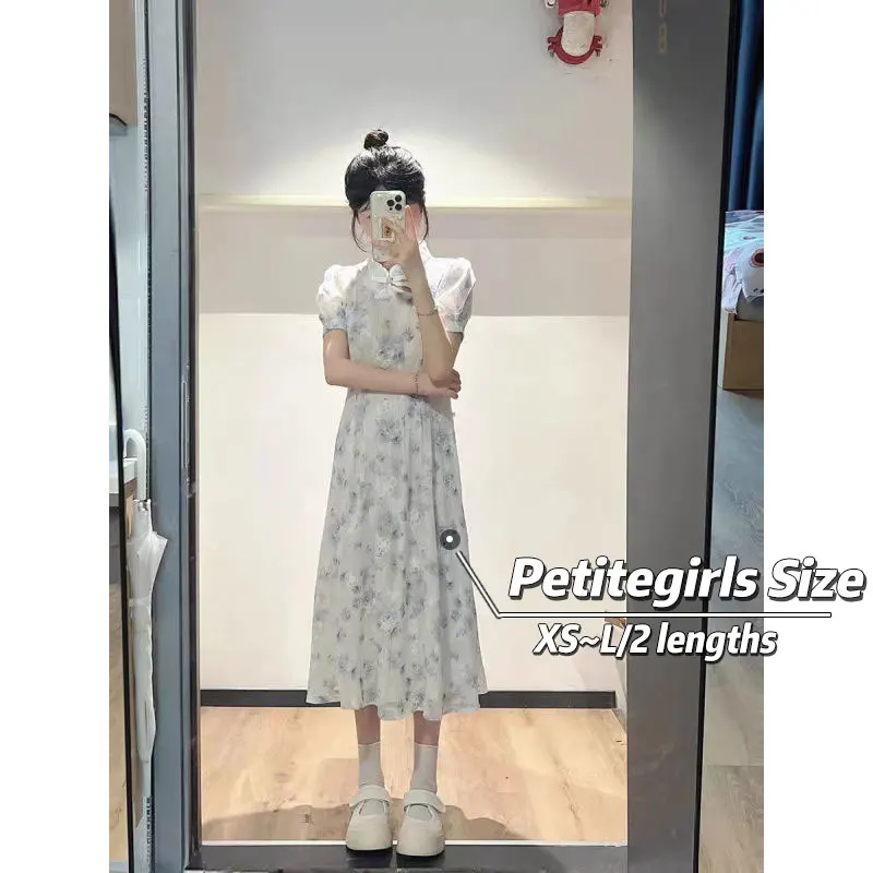 150cm Petite Girls Chinese Style Lmproved Floral Dress For Women Summer High Waist Tie a-line Mid Length XS Appear High