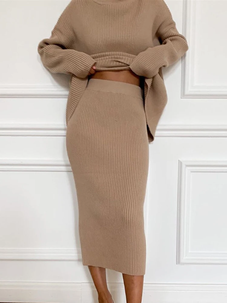 Knitted Skirt Set Women Winter Casual Turtleneck Sweater And Midi Skirt Sets Lady Fashion Elegant Pullover Suits Two Piece Sets