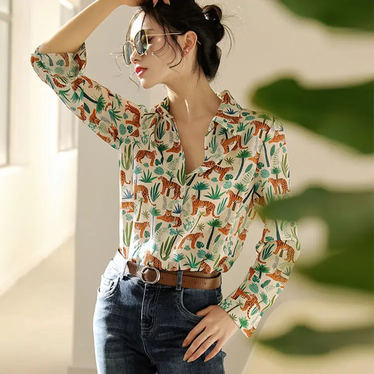 Camisa solta de manga comprida feminina, camisas femininas de chiffon estampadas, de peito único feminino, blusas casuais, novo, primavera, outono, E699, 2024