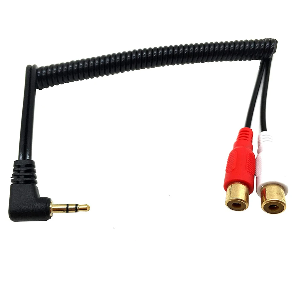 1pc ouro dc 90 graus ângulo reto 3.5mm 1/8 "trs macho estéreo para 2 duplo rca fêmea áudio enrolado espiral adaptador cabo de mola 80cm