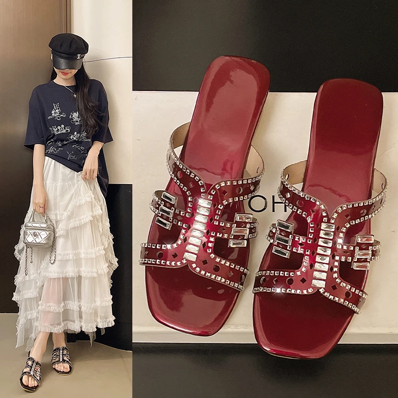 

Rhinestone Hollow Square Toe Shoes 2026 Summer New H-Type Flat Slippers Beach Casual One-Strap Sandals for Women