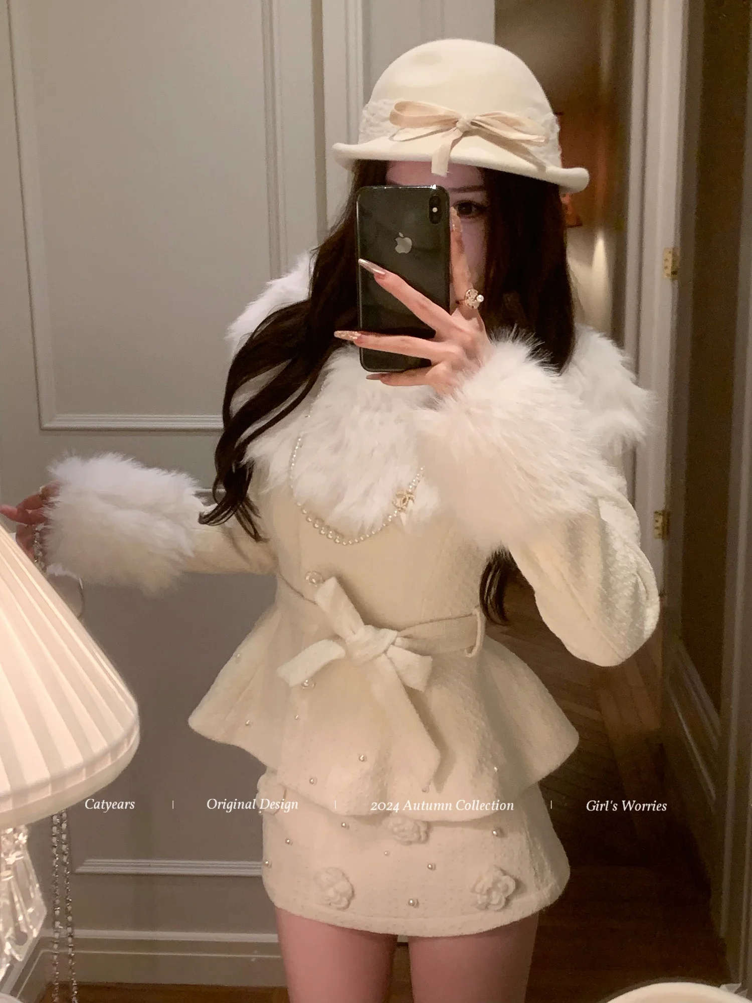 Fur Collar Shawl Wool Coats 3d Flower A Line Skirt Two Piece Sets Pearl Lace Up White Elegant Ladies Outfit Birthday Evening