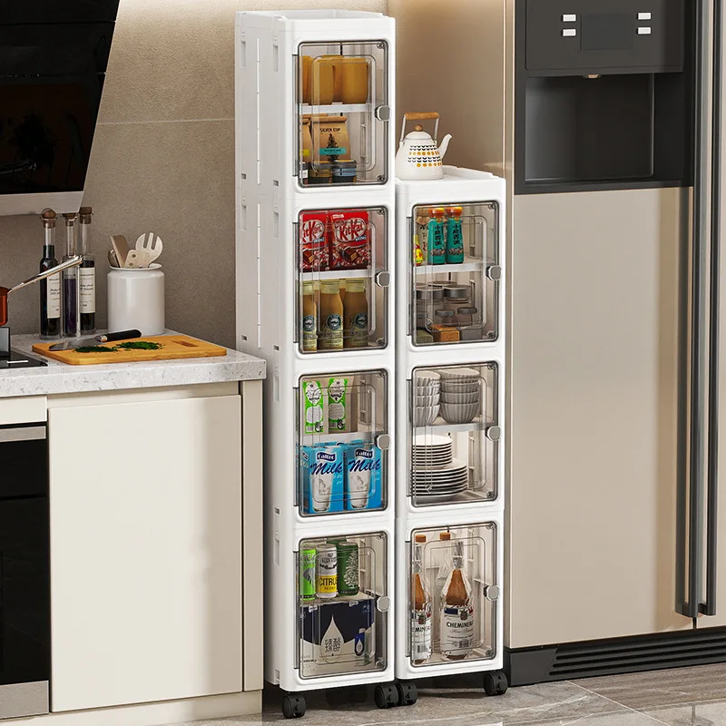 5‑Tier Slim Stackable Plastic Storage Cabinet with Wheels, Narrow Gap Transparent Door Organizer, Foldable Rolling Storage Shelf for Kitchen Refrigerator Side Gap, Bedroom Bathroom