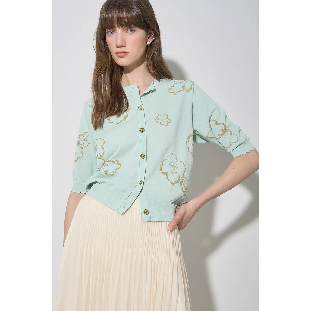 

Легкий вязаный кардиган ort-Sve, круглый эластичный универсальный топ с цветочным принтом, корейский цельный топ на пуговицах