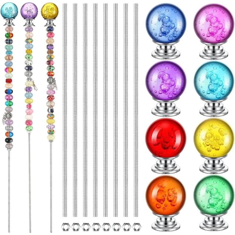 

Elegant Beading Garden Stake Set Multicolored Bead Garden Stakes Silver Beading for Outdoor Decoration 203C