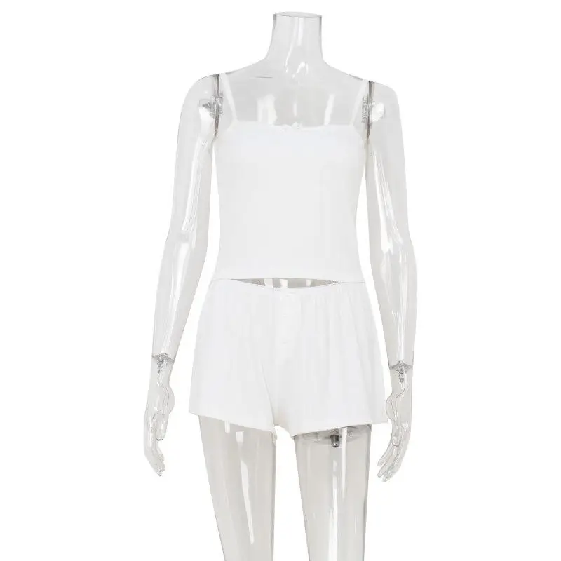 Été Fre couleur Pure coupe ajustée décontracté sangle orts ensemble maison deux pièces ensemble femmes doux Sle sans marque t-shirt fibre d'acétate