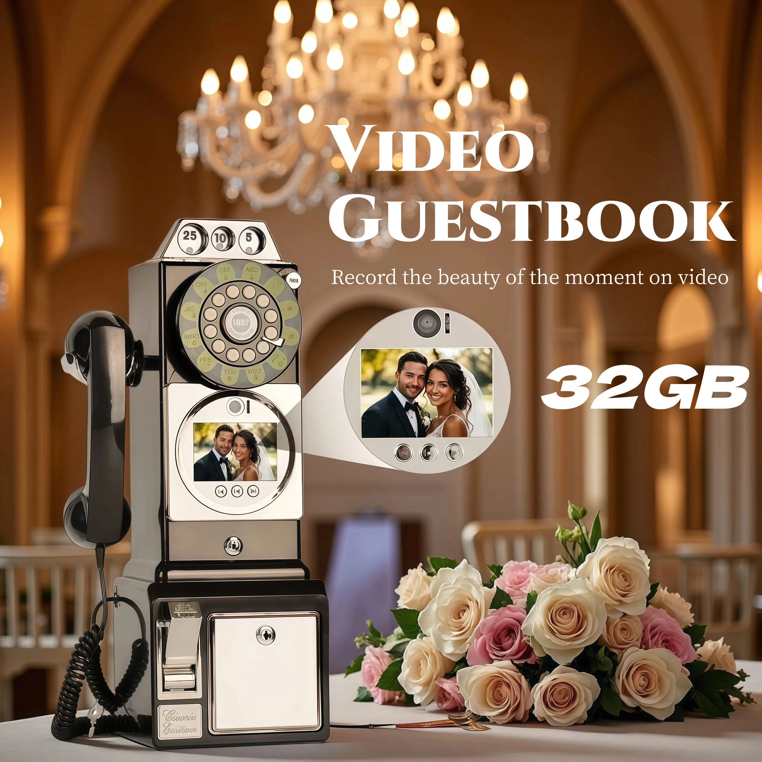 

Vintage Style Phone Booth Audio Video Guestbook Phone For Wedding Blessing Message Recording 32G Guest Video Check-in Telephone