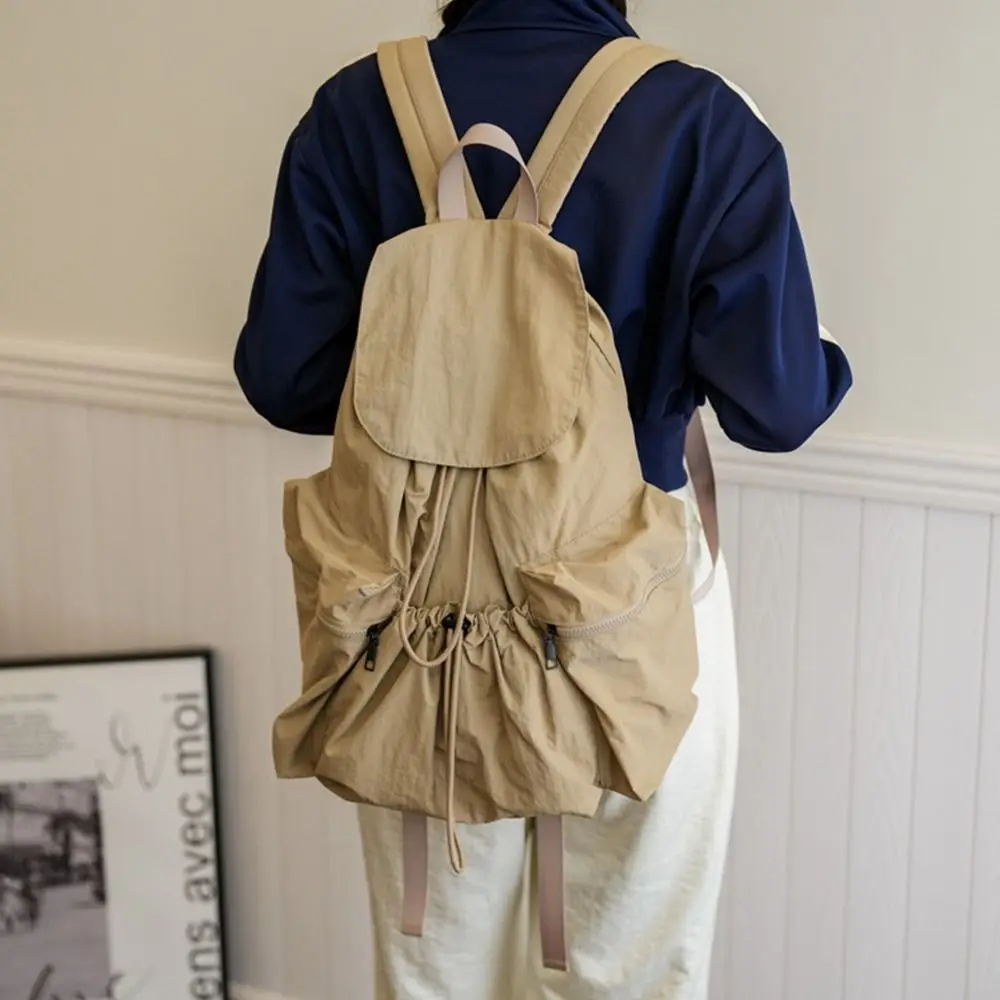 Korean Style Drawstring Backpack Fold Niche Design Light Soft Nylon Bag Tote Bag Large Capacity Shoulder Bag Office Worker