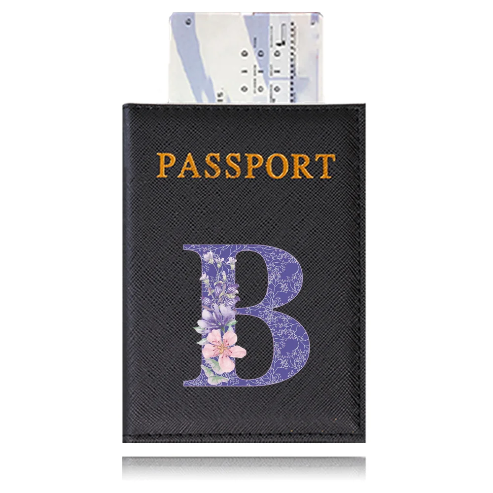 Airplane Passport Cover Purple Flower Pattern Series Travel Passport Case Black Color  Passport Wallet Purse Passports Holder