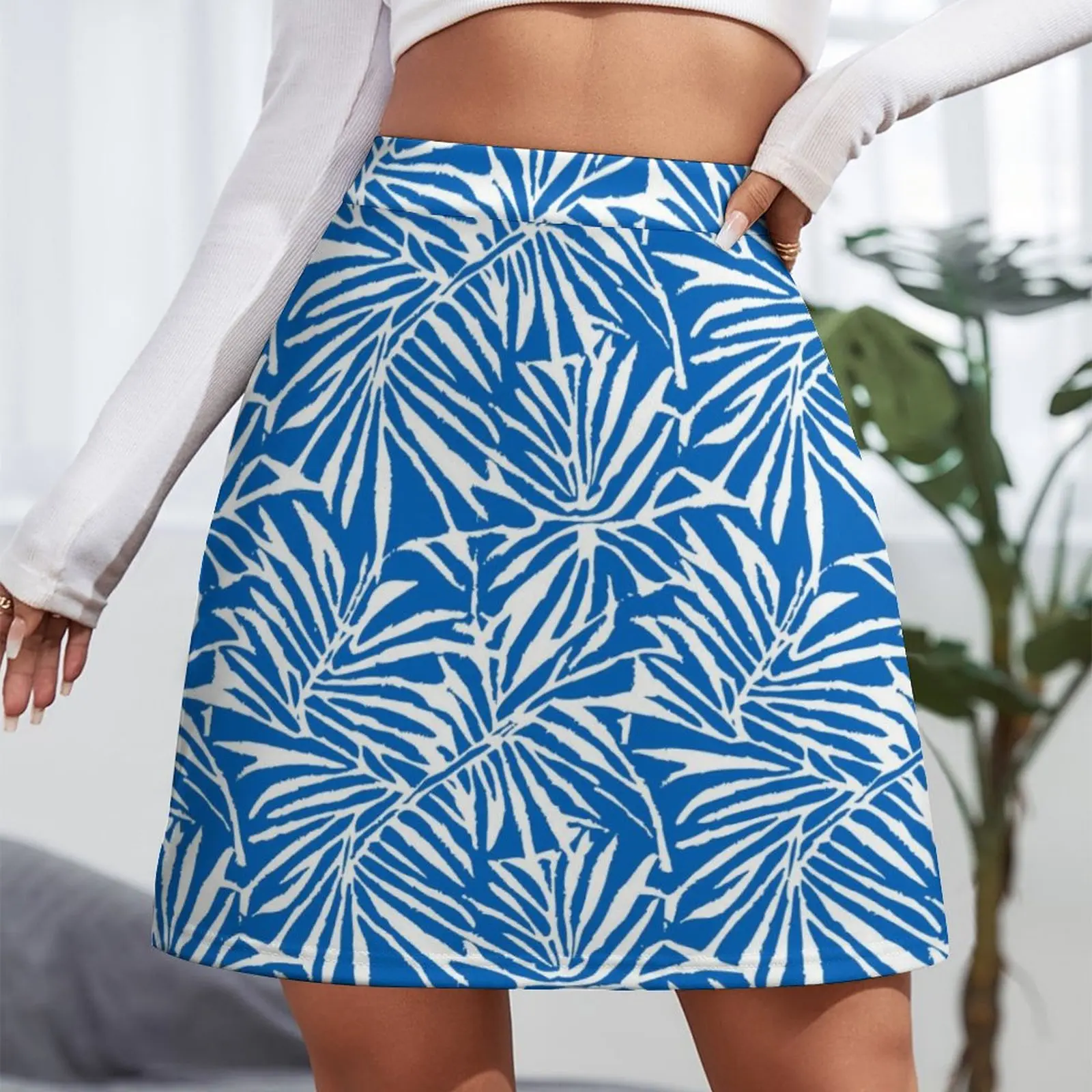 Blue And White Abstract Jungle Leaf Repeating Pattern Mini Skirt Skirt pants Clothes for summer