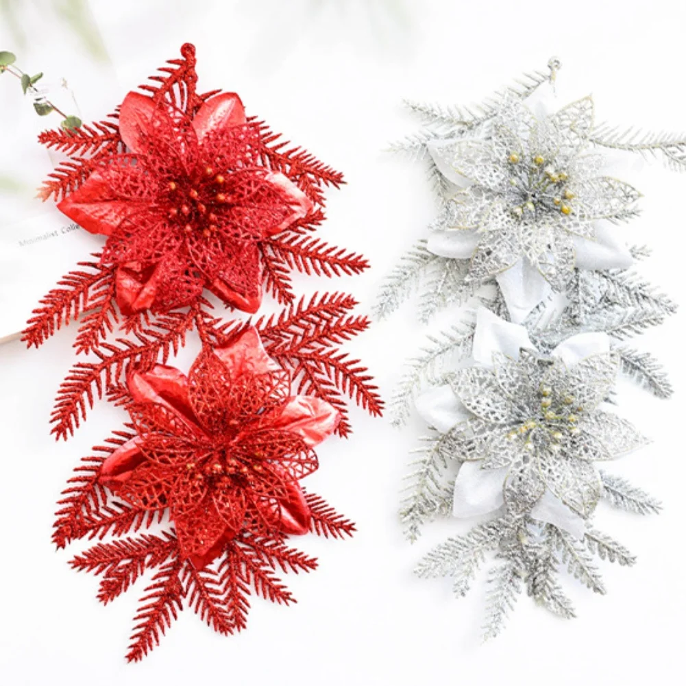 

Gold Glitter Christmas Floral Arrangement Perfect for Holiday Tree and Indoor Decoration with Lifelike Pine Leaf Details